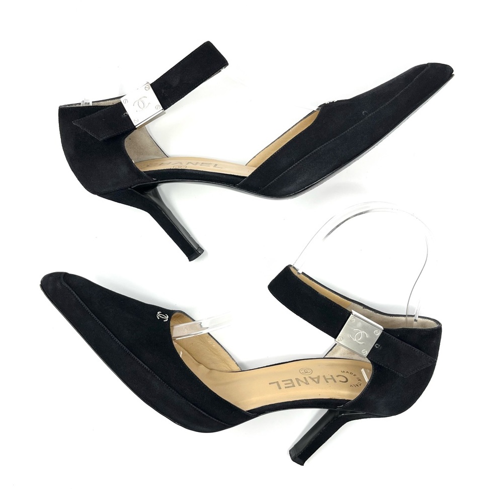 Vintage Chanel Black Suede Silver CC Logo High Heels Pumps Shoes 38.5 8.5 - Picture 6 of 13